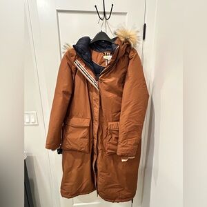 Boden Brown Puffer Coat with Faux Fur Hood